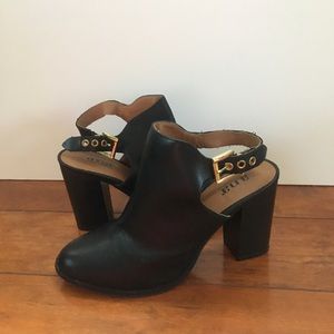 Black Leather Heeled Booties with Buckle